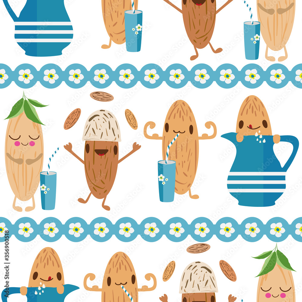 Kawaii almond milk vector seamless pattern background. Cute muscle flexing  and juggling nut cartoons with drinking glasses on white backdrop. Cartoon  print for kids healthy drink dairy alternative Stock Vector | Adobe