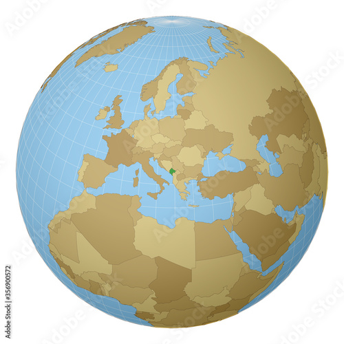 Globe centered to Montenegro. Country highlighted with green color on world map. Satellite projection view. Vector illustration.