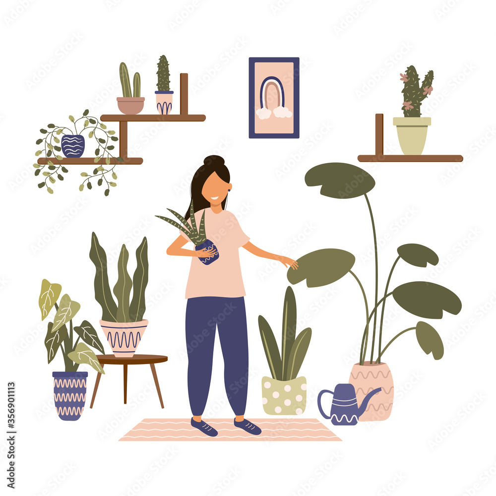 Crazy plant lady at greenhouse or home garden. Girl caring for plants