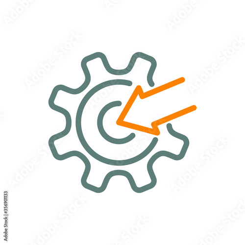Símbolo soluciones tecnológicas. Icono plano lineal flecha en engranaje en gris y naranja