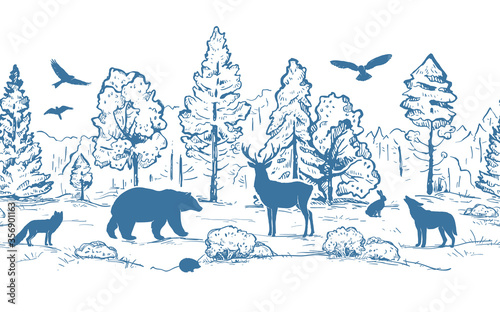 Sketch vector horizontal seamless border from trees and animals. Blue animals silhouettes and forest isolated on white background. Deer, hare, fox, hedgehog, wolf, bear and birds