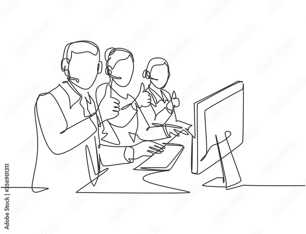 Single line drawing group of young male and female call center workers sitting in front of computer and giving thumbs up gesture. Customer service business concept continuous line draw design Single line drawing group of young male and female call center workers sitting in front of computer and giving thumbs up gesture. Customer service business concept continuous line draw design