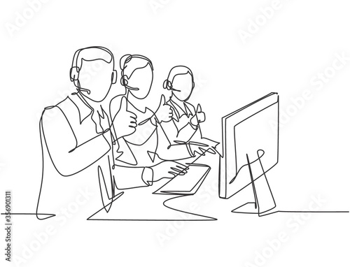 Single line drawing group of young male and female call center workers sitting in front of computer and giving thumbs up gesture. Customer service business concept continuous line draw design