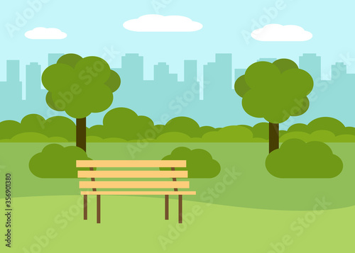 Summer landscape for walking in city park. Rest outdoors. City recreation area with bench. Vector flat illustration