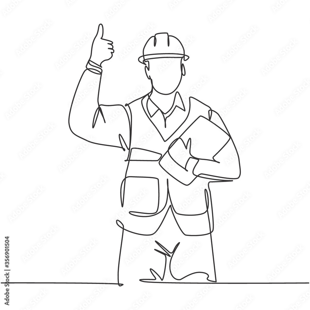 Vecteur Stock Single line drawing of young construction worker foreman