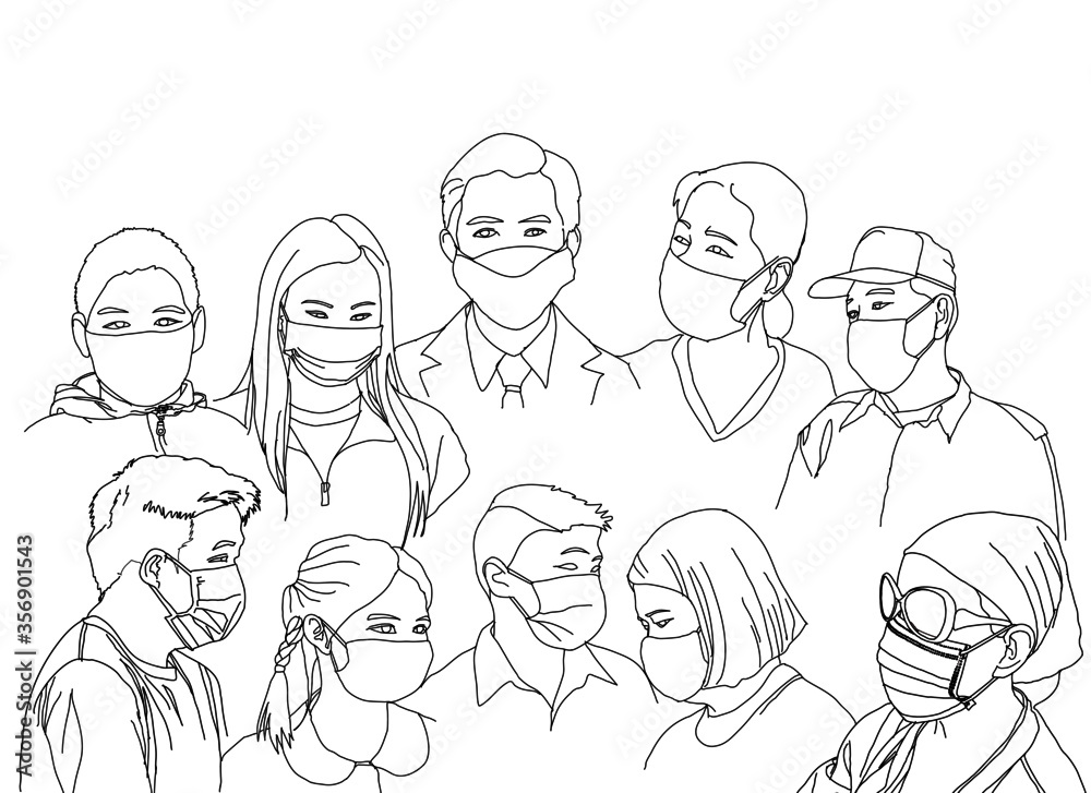 People all over the world live a new normal lifestyle. Wearing a mask to prevent infection from an epidemic coronavirus covid-19. Vector line art design of  protection concept 