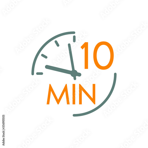 Icono plano lineal reloj con texto 10 min en gris y naranja photo