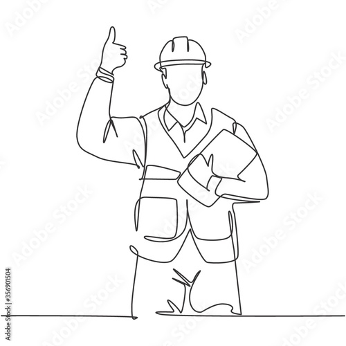 Single line drawing of young construction worker foreman carrying clipboard and giving thumbs up gesture. Building constructor concept. Continuous line draw design vector illustration