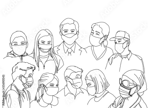People all over the world live a new normal lifestyle. Wearing a mask to prevent infection from an epidemic coronavirus covid-19. Vector line art design of protection concept 