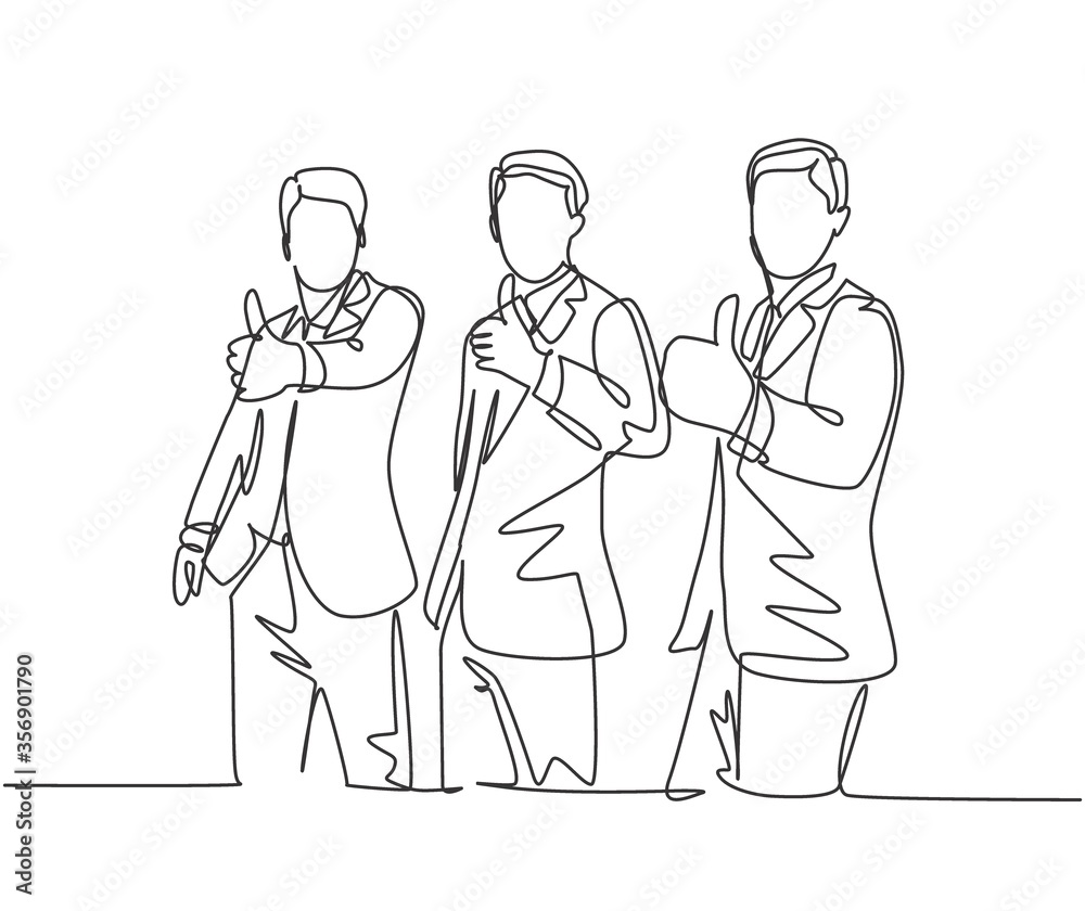 Single line drawing of young happy businessmen wearing suit giving thumbs up gesture. Business owner dealing a teamwork concept. Trendy continuous line draw design graphic vector illustration