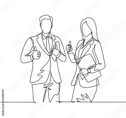 Single line drawing group of young happy couple businessman and businesswoman standing up together giving thumbs up gesture. Business teamwork concept. Continuous line draw design vector illustration