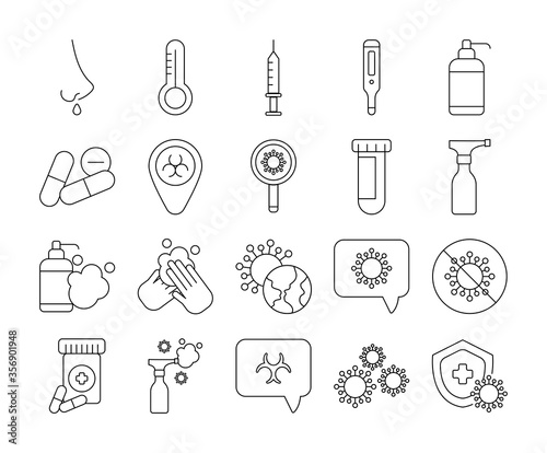 set of icons coronavirus protection, protective measures, coronavirus symptoms, line style icon