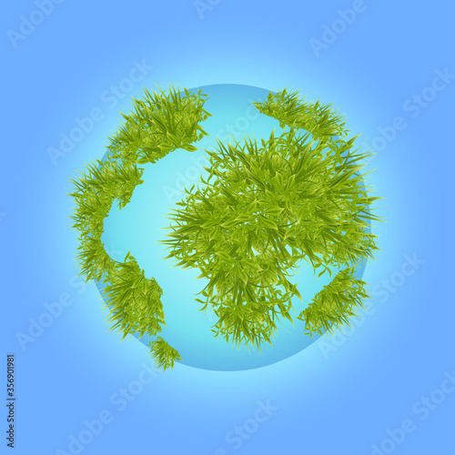 Blue planet with grass. A model of the earth on blue background. Vector illustration
