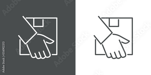 Concepto entrega de pedido a domicilio. Icono plano lineal mano con caja de cartón en fondo gris y fondo blanco