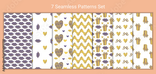 Set of 7 Colorful seamless pattern with hand drawn gift boxes, hearts, lips. Stock vector