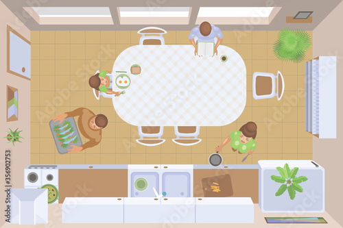 Isolated Vector Illustration. Family in the kitchen. (view from above)
Kitchen table and chairs, stove, sink, cupboards, fridge, people. Top view.