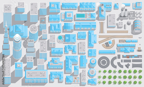 Set of landscape elements. City, transport, factories. (Top view) 
Skyscrapers, buildings, houses, roofs, plants, roads, railways. (View from above) 