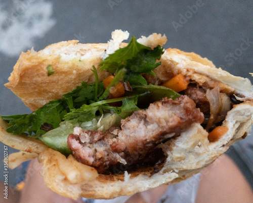 Hand holding Grilled pork banh mi Vietnamese sandwich. (ID: 356902767)