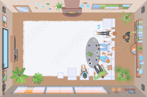 Vector illustration. Friends in the living room watching television. (top view) 
People, room, furniture, interior elements. (view from above)