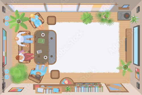 Vector illustration. Friends in the living room watching television. (top view) 
People, room, furniture, interior elements. (view from above)