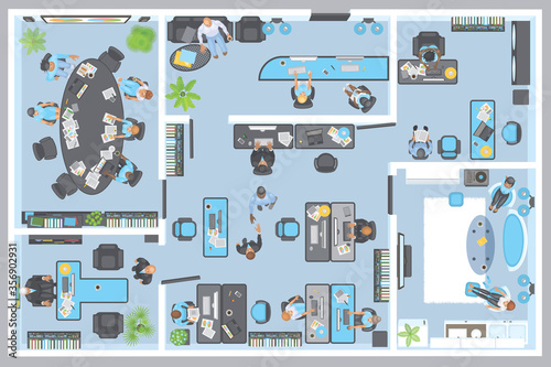 Vector illustration. Office view from above. People at work.
Office room, meeting room, reception, restroom, office furniture, cabinets, desks, chairs, computers. (top view)