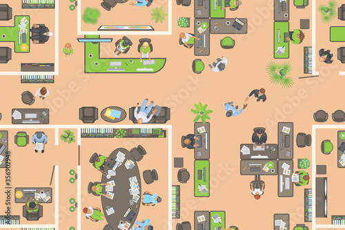 Seamless pattern. Office view from above. People at work.
Office room, meeting room, reception, office furniture, cabinets, desks, chairs, computers. (top view)