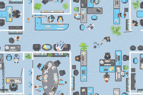 Seamless pattern. Office view from above. People at work.
Office room, meeting room, reception, office furniture, cabinets, desks, chairs, computers. (top view)