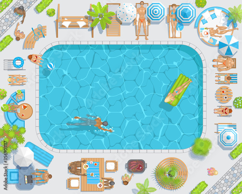 Vector illustration. Sunny patio with pool view from above. 
People sunbathe and swim.
Summertime - umbrellas, path, swing, grill, palm, sunbeds, chairs, tables. (Top view)
