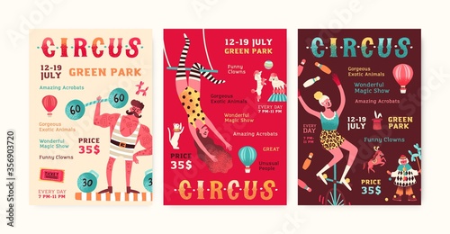 Set of advertisement circus show posters vector flat illustration. Collection of invitation with man, woman and trained animals performing tricks. Promo of entertainment event with place for text