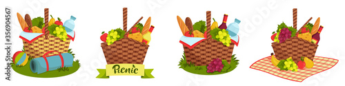 Set of wicker picnic basket full of healthy food. Bottle of wine and water, cheese, baguette, fruits and vegetables. Picnic blanket and ball. Vector illustration in flat style. Family outdoor activity