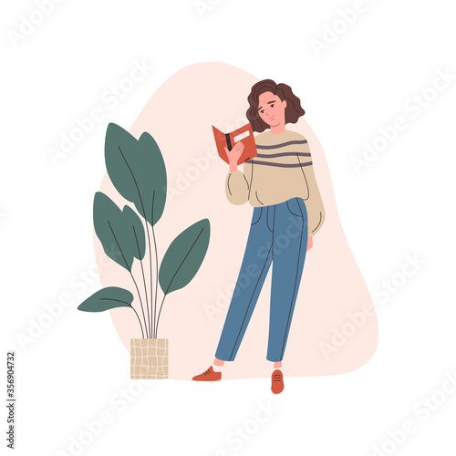 Woman reading book. Woman with literature in hands. Reading books hobby, student study and preparing for examination, book lover, reader. Flat cartoon vector illustration.