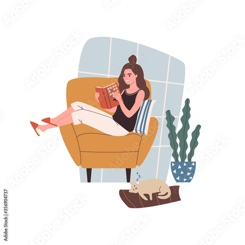 Woman reading book. Woman with literature in hands sitting on cozy armchair at home with cat sleeping beside. Reading books hobby.  Flat cartoon vector illustration.