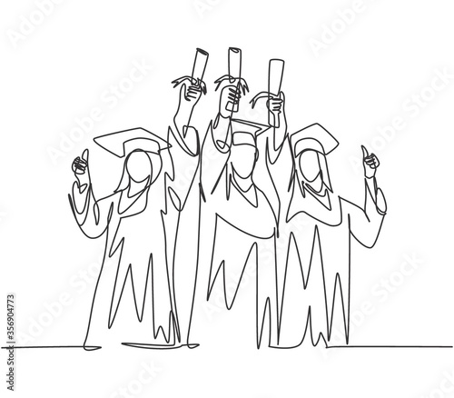 One line drawing group of young happy graduate male and female college student wearing gown and lifting diploma certificate paper up into the air. Education concept continuous line draw design vector