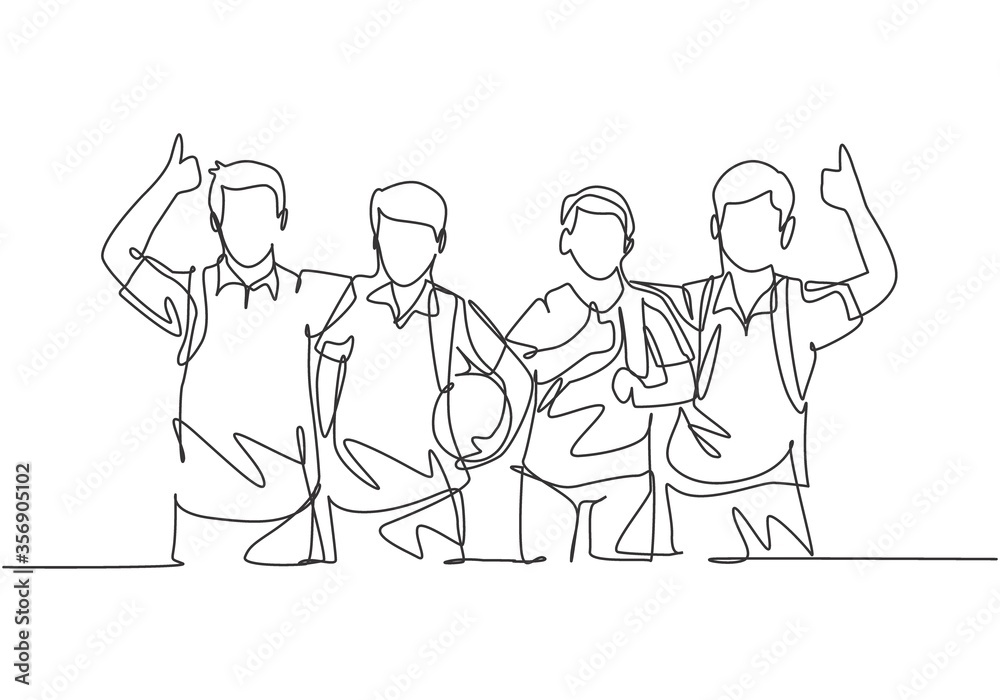 One line drawing group of young happy boys and girls from elementary school student carrying bags and give thumbs up gesture. Education concept continuous line draw design graphic vector illustration
