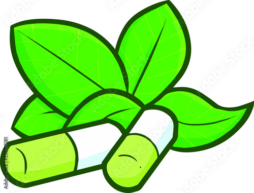 Funny and cute two pils or vitamins with  leaf background