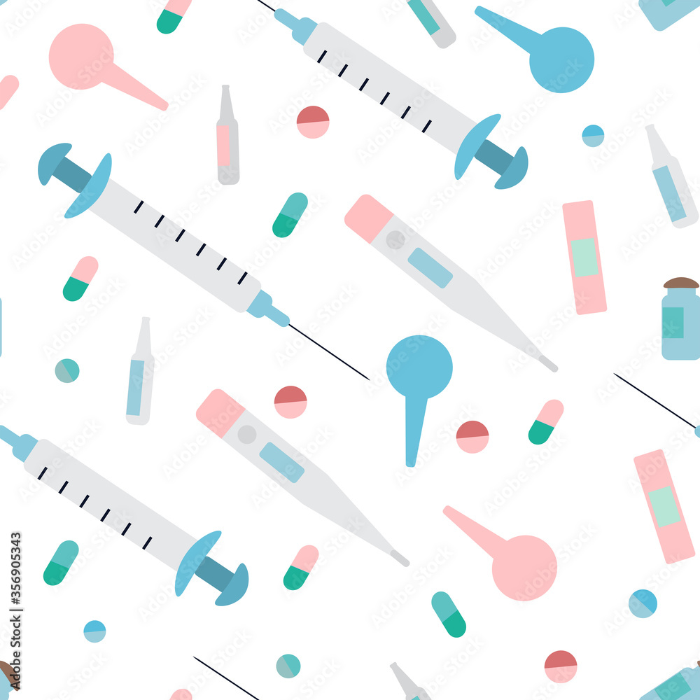Cute seamless pattern for children's hospital.Medical supplies: tablets, pills, thermometer, syringe, enema, ampoules, band-aid isolated on a white background.Flat style vector illustration. Cute seamless pattern for children's hospital.Medical supplies: tablets, pills, thermometer, syringe, enema, ampoules, band-aid isolated on a white background.Flat style vector illustration.