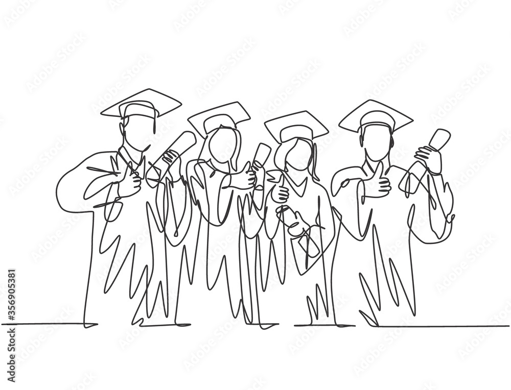 One line drawing group of graduate male and female college student wearing gown uniform and hold diploma certificate paper. Education concept continuous line draw design graphic vector illustration