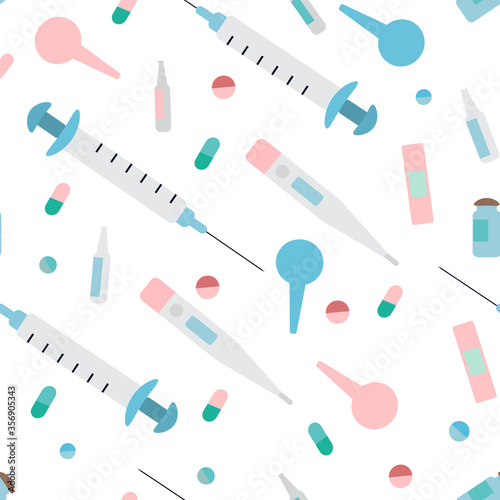 Cute seamless pattern for children's hospital.Medical supplies: tablets, pills, thermometer, syringe, enema, ampoules, band-aid isolated on a white background.Flat style vector illustration.