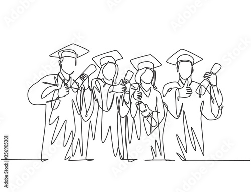 One line drawing group of graduate male and female college student wearing gown uniform and hold diploma certificate paper. Education concept continuous line draw design graphic vector illustration