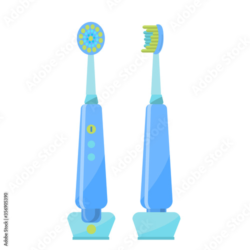 Electric toothbrush view facade and profile isolated on a white background. Device for oral care. Equipment for dental health and beauty. Accessory in the bathroom. Vector illustration in flat style.