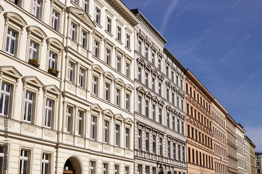 Traditional old residential buildings in the district of Kreuzberg, in the German capital. Horizontal detail view of several traditional, classic buildings in a row, in Berlin