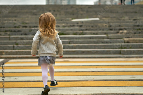 child crosses the road. From the back at the pedestrian crossing. CHILDREN'S SECURITY. High quality photo