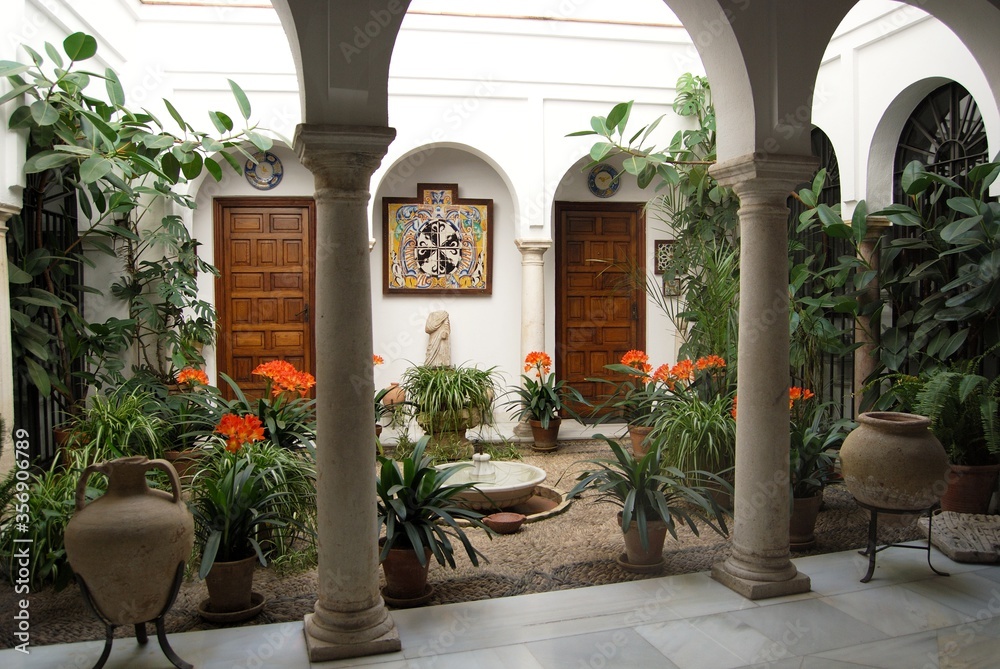 View of a typical Spanish inner courtyard, Cordoba, Andalusia, Spain.