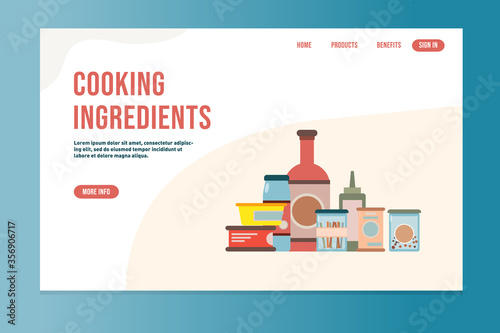 Canned food and bottles illustration website template. Commerce products food and drinks industry. Colorful homepage template. 