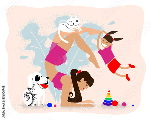 Mother keep calm. Mom quietly practices yoga at home with her child and pets. the child is playing while mom is meditating. Flat cute vector illustration. young mother in scorpion asana at home.