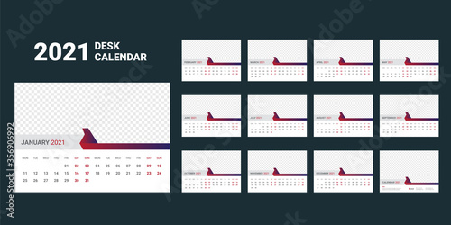 Calendar design for 2021.week starts on monday. set of 12 calendar pages with cover. horizontal version. vector design print template