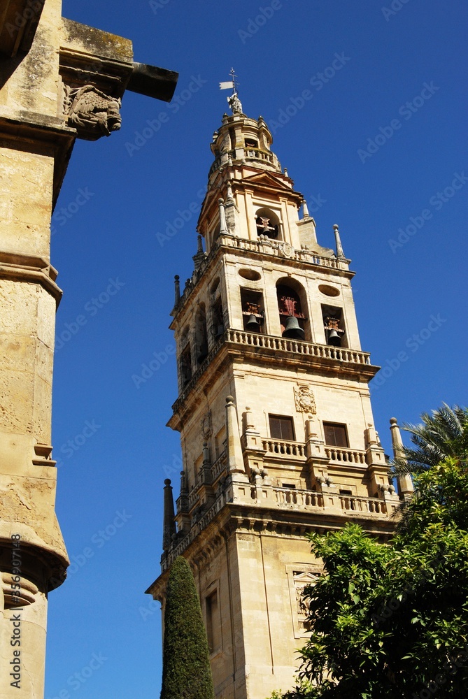 View of the Mezquita (Cathedral) bell tower, Cordoba, Spain.