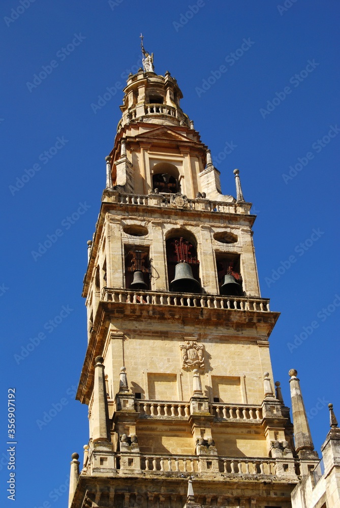 View of the Mezquita (Cathedral) bell tower, Cordoba, Andalusia, Spain.