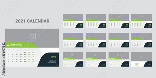 Calendar design for 2021.week starts on monday. set of 12 calendar pages with cover. horizontal version. vector design print template