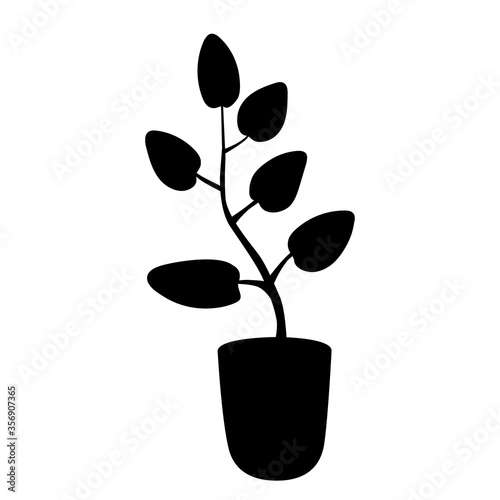 Black silhouette houseplant in flower pot. Plant breeding and a home garden are an ecologically friendly hobby. Stock vector flat hand drawn illustration on white.